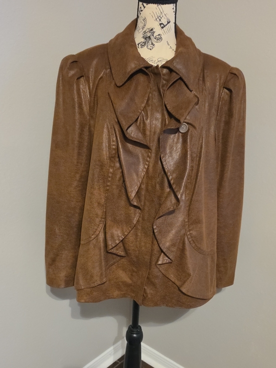 INC International Concepts Jackets & Blazers - Women's INC International Concepts Brown Ruffle-Front Blazer Size 2X